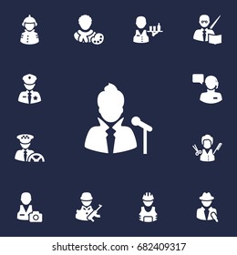 Set Of 13 Job Icons Set.Collection Of Journalist, Fireman, Driver And Other Elements.