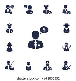 Set Of 13 Job Icons Set.Collection Of Driver, Stylist, Cameraman And Other Elements.