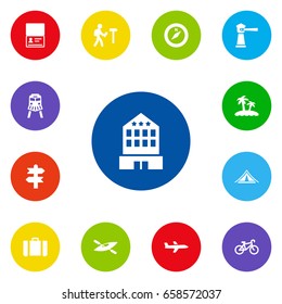 Set Of 13 Journey Icons Set.Collection Of Building, Palm, Canoe And Other Elements.