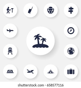 Set Of 13 Journey Icons Set.Collection Of Booth, Planet, Rucksack And Other Elements.