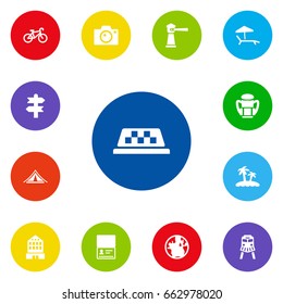 Set Of 13 Journey Icons Set.Collection Of Photo Apparatus, Seamark, Bike And Other Elements.