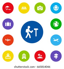 Set Of 13 Journey Icons Set.Collection Of Canoe, Location, Cab And Other Elements.