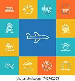 Set Of 13 Journey Outline Icons Set. Collection Of Palm, Certificate, Building And Other Elements.