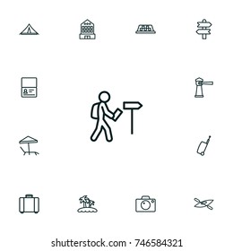 Set Of 13 Journey Outline Icons Set.Collection Of Palm, Photo, Parasol And Other Elements.