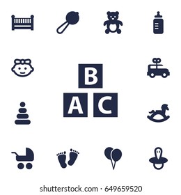 Set Of 13 Kid Icons Set.Collection Of Girl, Pram, Trace And Other Elements.
