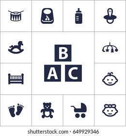 Set Of 13 Kid Icons Set.Collection Of Hangings, Baby, Abc Block And Other Elements.