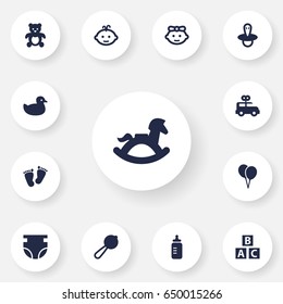 Set Of 13 Kid Icons Set.Collection Of Air Balloon, Teat, Maraca And Other Elements.