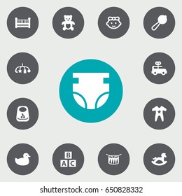 Set Of 13 Kid Icons Set.Collection Of Bear, Abc Block, Cot And Other Elements.
