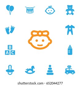 Set Of 13 Kid Icons Set.Collection Of Equine, Baby, Bus And Other Elements.