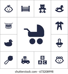 Set Of 13 Kid Icons Set.Collection Of Equine, Bus, Pram And Other Elements.