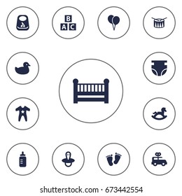 Set Of 13 Kid Icons Set.Collection Of Abc Block, Barrel, Breastplate And Other Elements.