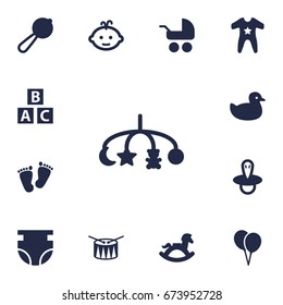 Set Of 13 Kid Icons Set.Collection Of Barrel, Nappy, Decoration And Other Elements.