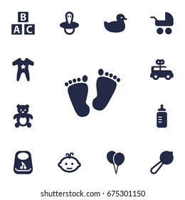 Set Of 13 Kid Icons Set.Collection Of Decoration, Breastplate, Pram And Other Elements.