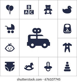 Set Of 13 Kid Icons Set.Collection Of Pram, Abc Block, Toy And Other Elements.