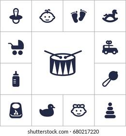 Set Of 13 Kid Icons Set.Collection Of Maraca, Teat, Bus And Other Elements.