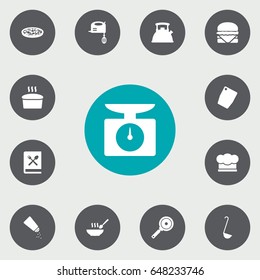 Set Of 13 Kitchen Icons Set.Collection Of Weighing Machine, Loaf, Saltshaker And Other Elements.