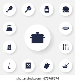 Set Of 13 Kitchen Icons Set.Collection Of Cutting Surface, Saucepan, Jar And Other Elements.