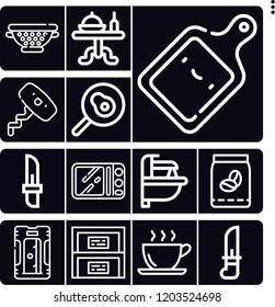 Set of 13 kitchen outline icons such as cabinet, sink, sharpener, coffee, strainer, fried egg, kitchen board, microwave, knife, dinner table