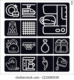 Set of 13 kitchen outline icons such as chicken, chili pepper, dish, subway, strainer, coffee, coffee machine, teapot, tablecloth, mixer, cheese grater, salt and pepper