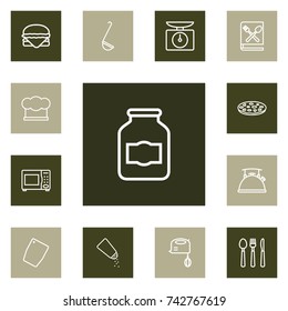 Set Of 13 Kitchen Outline Icons Set.Collection Of Salt, Book Of Recipes, Jug And Other Elements.