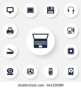 Set Of 13 Laptop Icons Set.Collection Of Diskette, Headset, Peripheral And Other Elements.