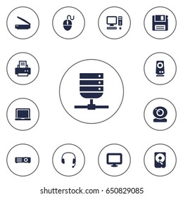 Set Of 13 Laptop Icons Set.Collection Of Control Device, Hard Disk, Photocopy And Other Elements.