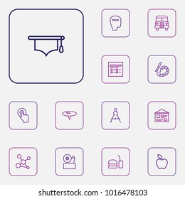 Set of 13 learning icons line style set. Collection of poster, eat, atom and other elements.