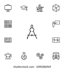 Set of 13 learning icons line style set. Collection of chemistry, presentation, pupil bus and other elements.