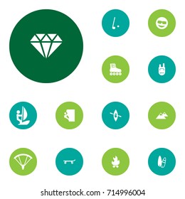 Set Of 13 Lifestyle Icons Set.Collection Of Sport, Canoe, Parachute And Other Elements.