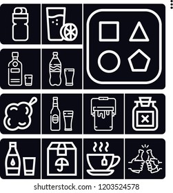 Set of 13 liquid outline icons such as beer, vodka, soda, shapes, sponge, paint bucket, package, water, poison, tea cup