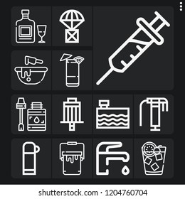 Set of 13 liquid outline icons such as old fashion, water, tequila sunrise, absinthe, glue, package, paint bucket, tanker, syringe, filter, polish, mixing