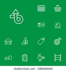 Set of 13 logistic icons line style set. Collection of calendar, satellite, ship and other elements.
