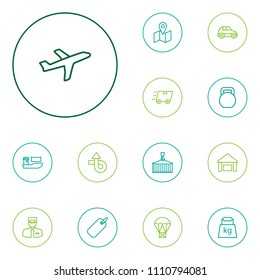 Set of 13 logistic icons line style set. Collection of speed, cycle, weigh and other elements.