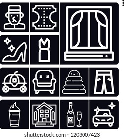 Set of 13 luxury outline icons such as champagne, b, clean car, window, house, cinderella, cinderella carriage, armchair, bellboy, leather, trousers, rings