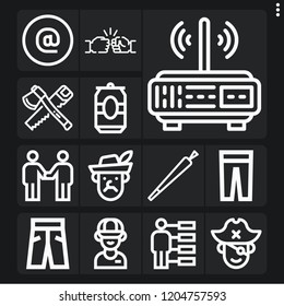 Set of 13 male outline icons such as carpentry, router, employee, joint, robin hood, long john silver, at, trousers, beer, relationship, fist