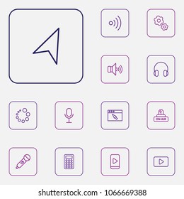 Set of 13 media icons line style set. Collection of calculator, sound on, on air and other elements.