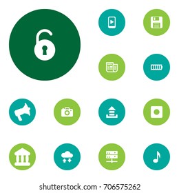 Set Of 13 Media Icons Set.Collection Of Bullhorn, Database, Charge And Other Elements.