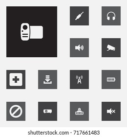 Set Of 13 Media Icons Set.Collection Of Cctv, Charge, Earphone And Other Elements.