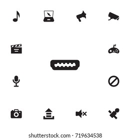 Set Of 13 Media Icons Set.Collection Of Sound Off, Clapperboard, Ban And Other Elements.