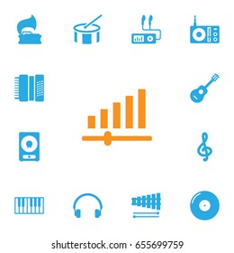 Set Of 13 Melody Icons Set.Collection Of Turntable, Percussion, Retro Disc And Other Elements.