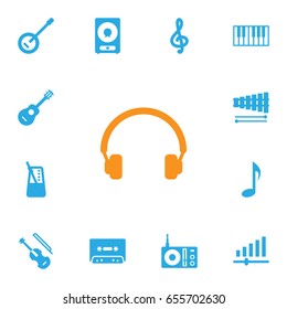 Set Of 13 Melody Icons Set.Collection Of Tone Symbol, Acoustic, Knob And Other Elements.