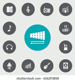Set Of 13 Melody Icons Set.Collection Of Tambourine, Amplifier, Knob And Other Elements.