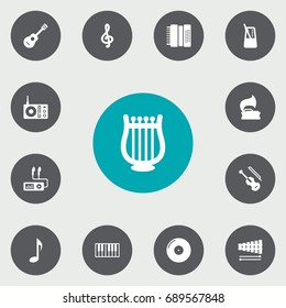 Set Of 13 Melody Icons Set.Collection Of Fiddle, Quaver, Audio Device And Other Elements.