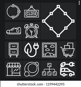 Set of 13 modern outline icons such as store, clocks, ecommerce, green energy, electric car, diagram, sneaker, close, cabinet, painting, , square