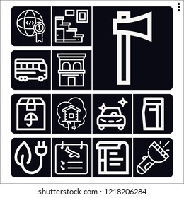 Set of 13 modern outline icons such as flashlight, green energy, bus, building, clean car, package, stairs, arrivals, axe, trousers, tree house, worldwide