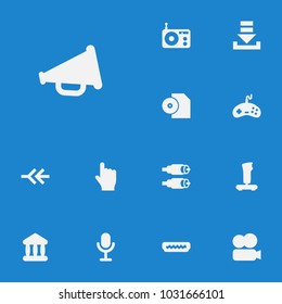 Set of 13 multimedia icons set. Collection of microphone, bullhorn, vcr camera and other elements.