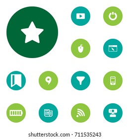 Set Of 13 Multimedia Icons Set.Collection Of Power On, Cellphone, Videoconference And Other Elements.