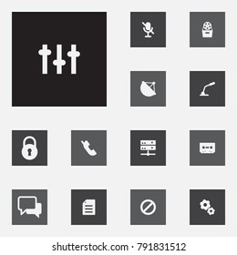 Set Of 13 Multimedia Icons Set.Collection Of Dialog, Archive, Communication Antenna And Other Elements.