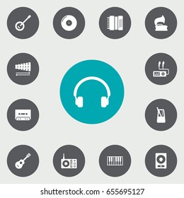 Set Of 13 Music Icons Set.Collection Of Tape, Acoustic, Earphones And Other Elements.