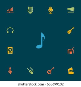 Set Of 13 Music Icons Set.Collection Of Tone Symbol, Percussion, Knob And Other Elements.